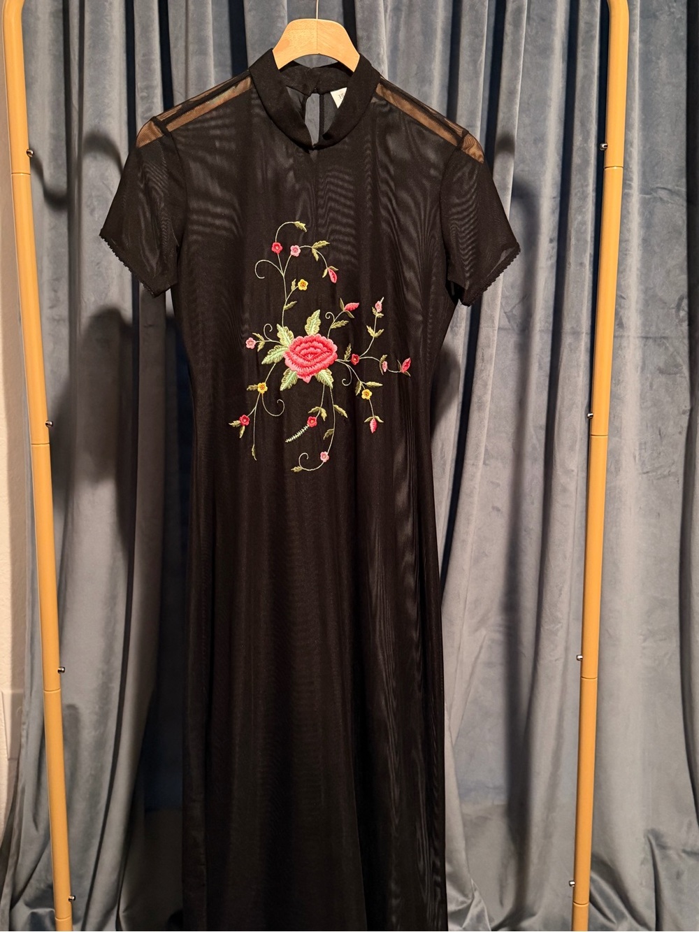 Hugo Buscati Black Sheer Maxi Dress with Red Floral Embroidery